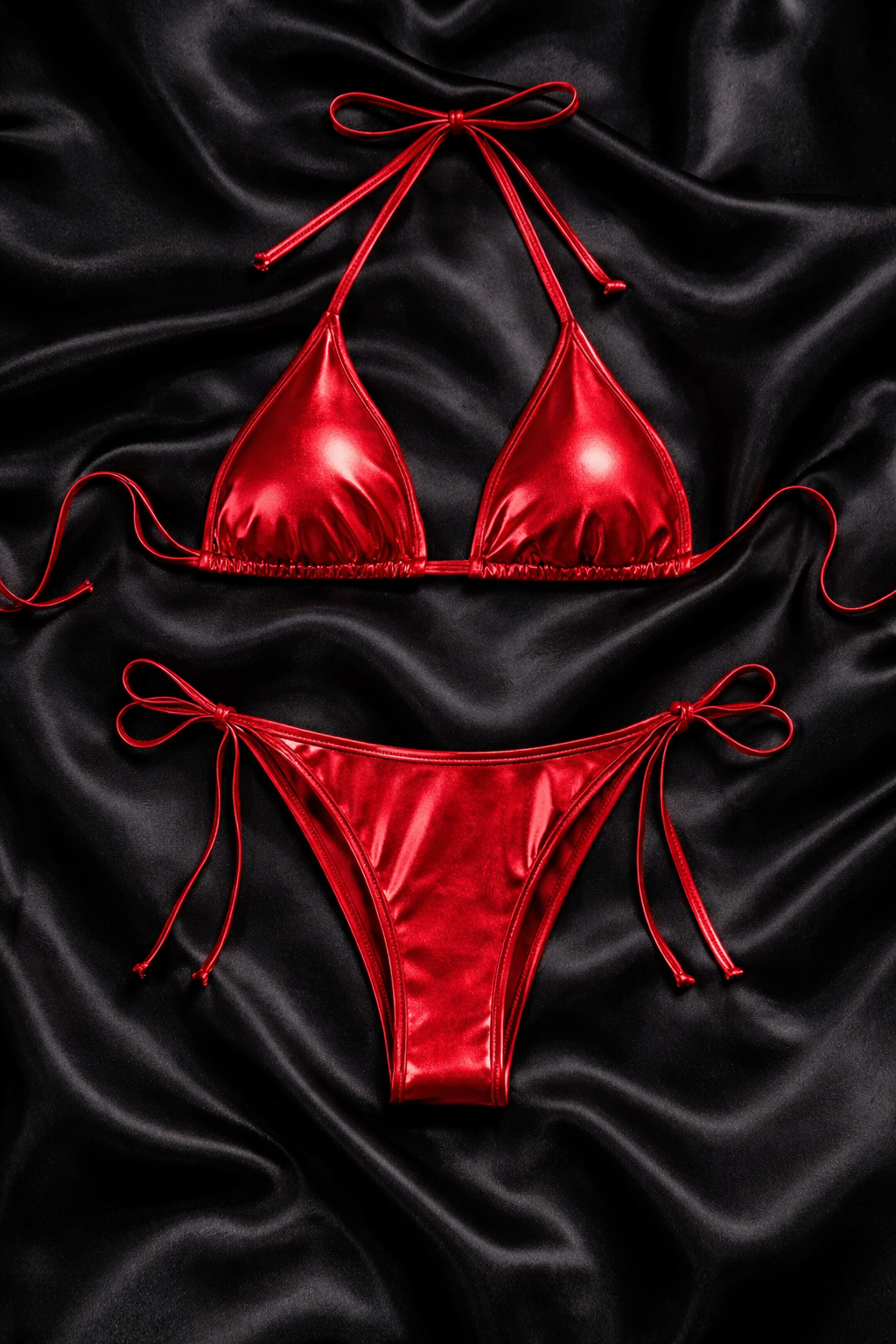 Metalické červené bikini na zavazování – Metallic Red Tie-Side Bikini