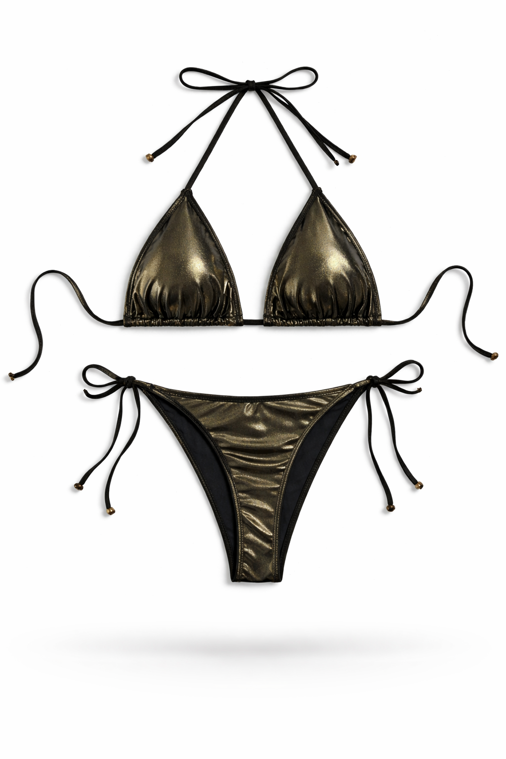 Metalické zlaté bikini s černým lemem – Metallic Gold & Black Tie Bikini