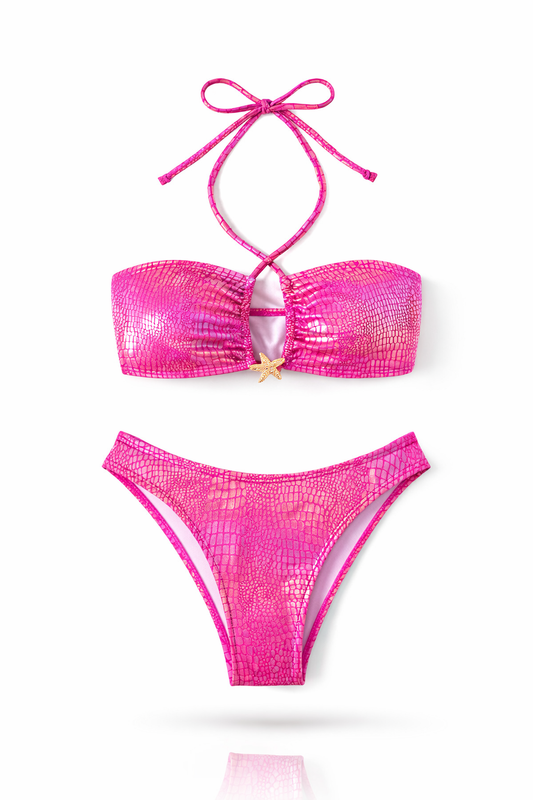 Růžové lesklé bikiny s efektem hadí kůže – Pink Gloss Snake Bikini