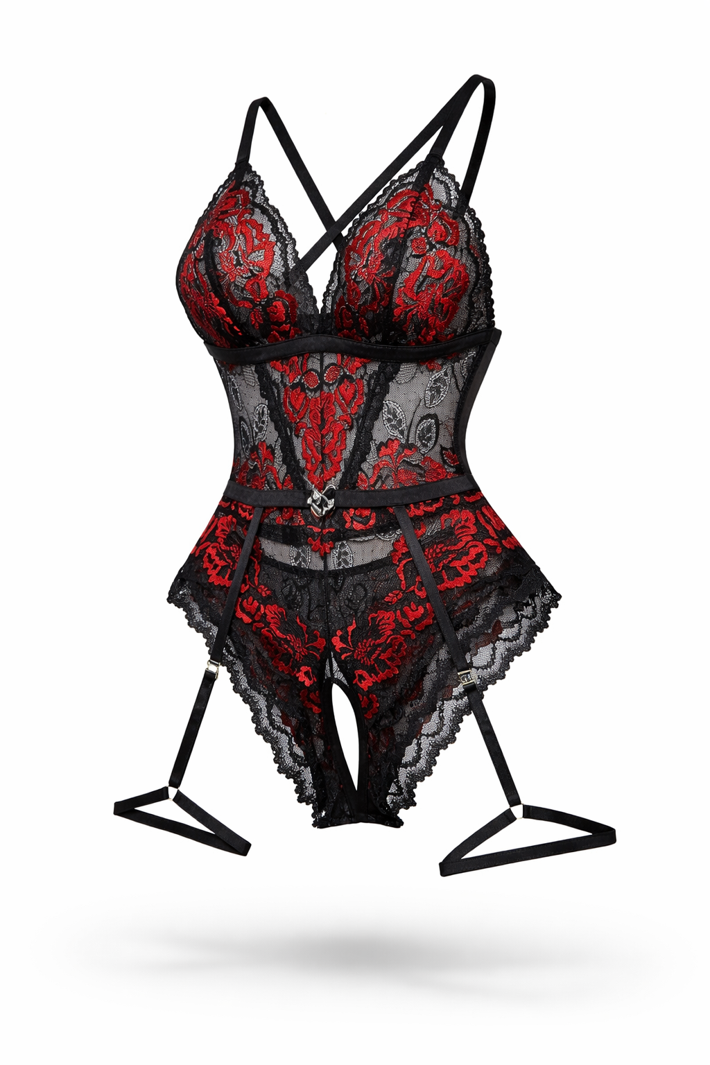 Černo-červené krajkové body s podvazky