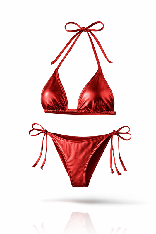 Metalické červené bikini na zavazování – Metallic Red Tie-Side Bikini