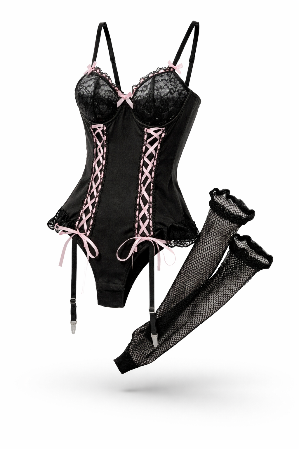 Černo-růžový krajkový korzet s podvazky a punčochami