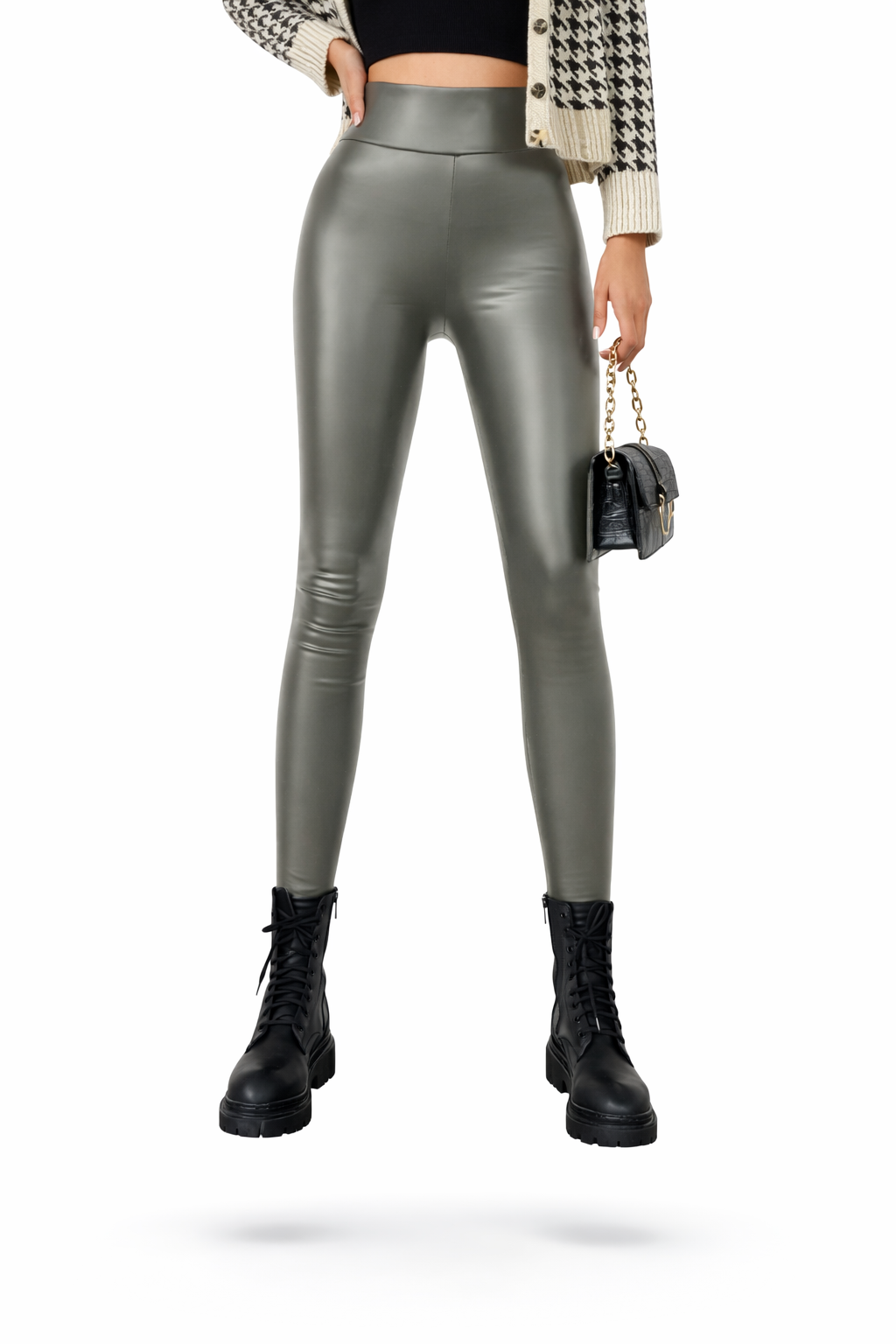 Metalické khaki legíny – Olive Wetlook Shine