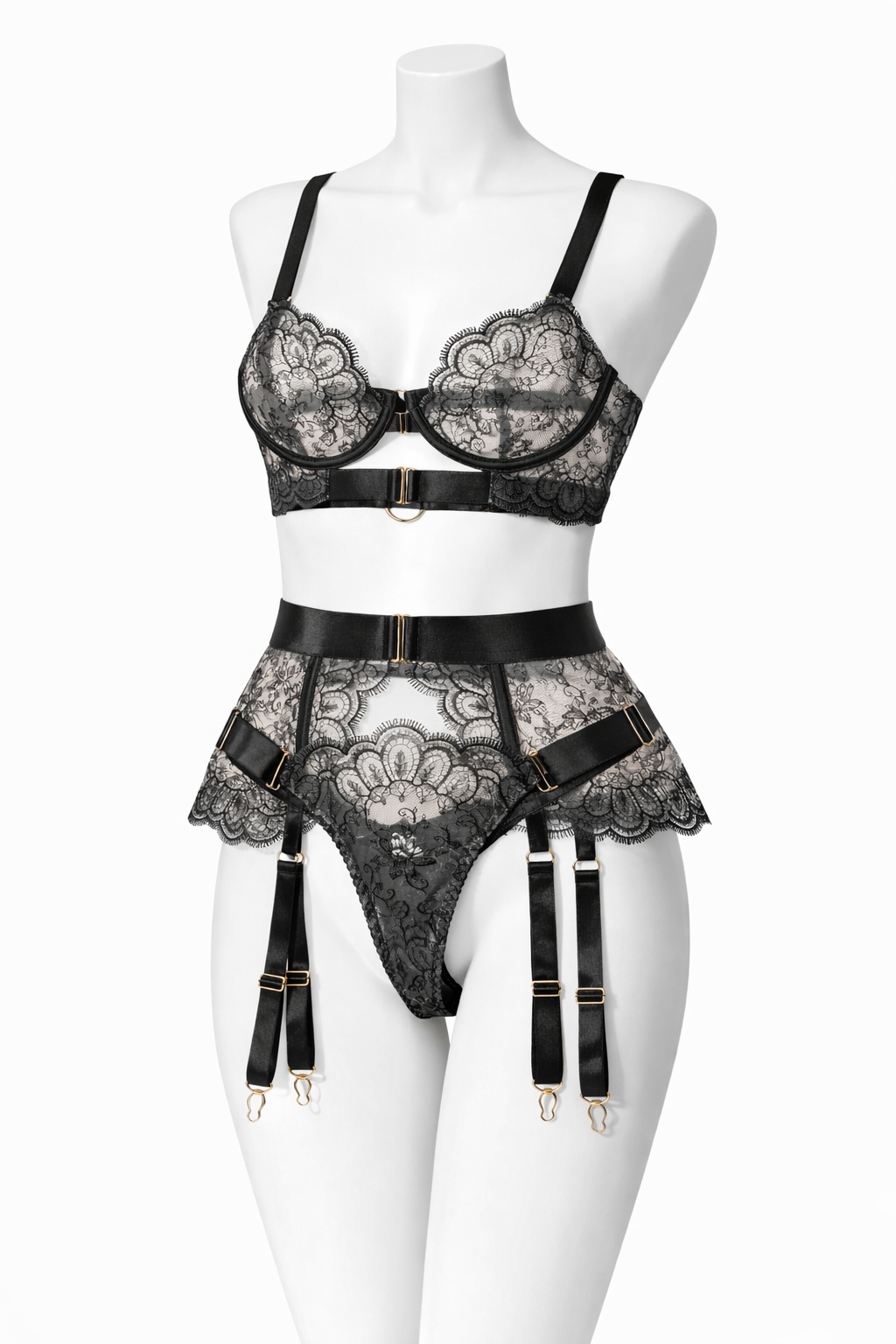 Černý krajkový set s podvazkovým pasem a zlatými detaily