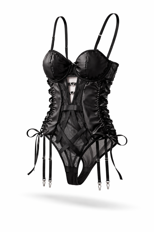 Černé saténové body s šněrováním a srdíčky – Dark Desire