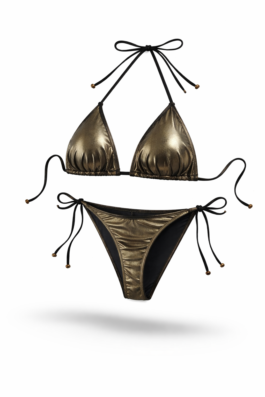 Metalické zlaté bikini s černým lemem – Metallic Gold & Black Tie Bikini