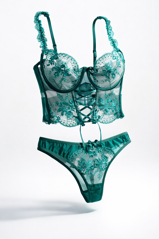 Smaragdový krajkový korzetový set s vyšíváním